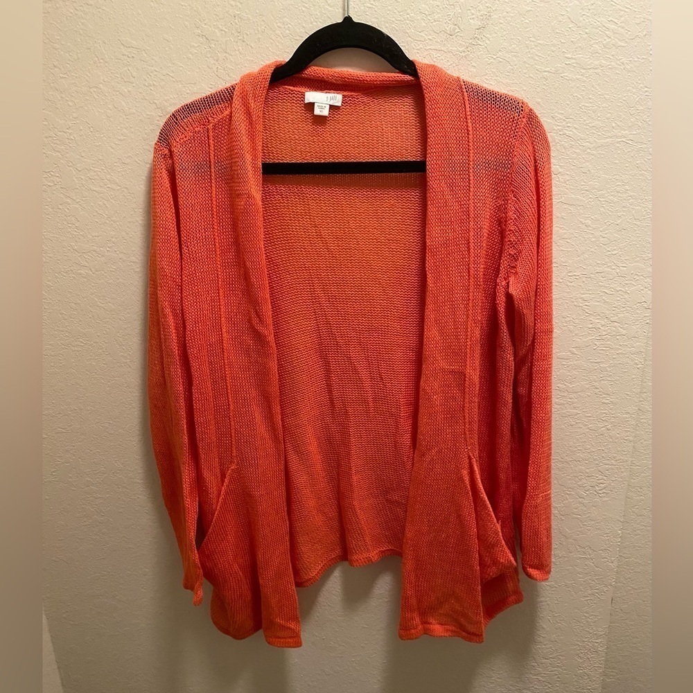 J. Jill Women's Coral Linen Blend Open Front Long Knit Lightweight Cardigan